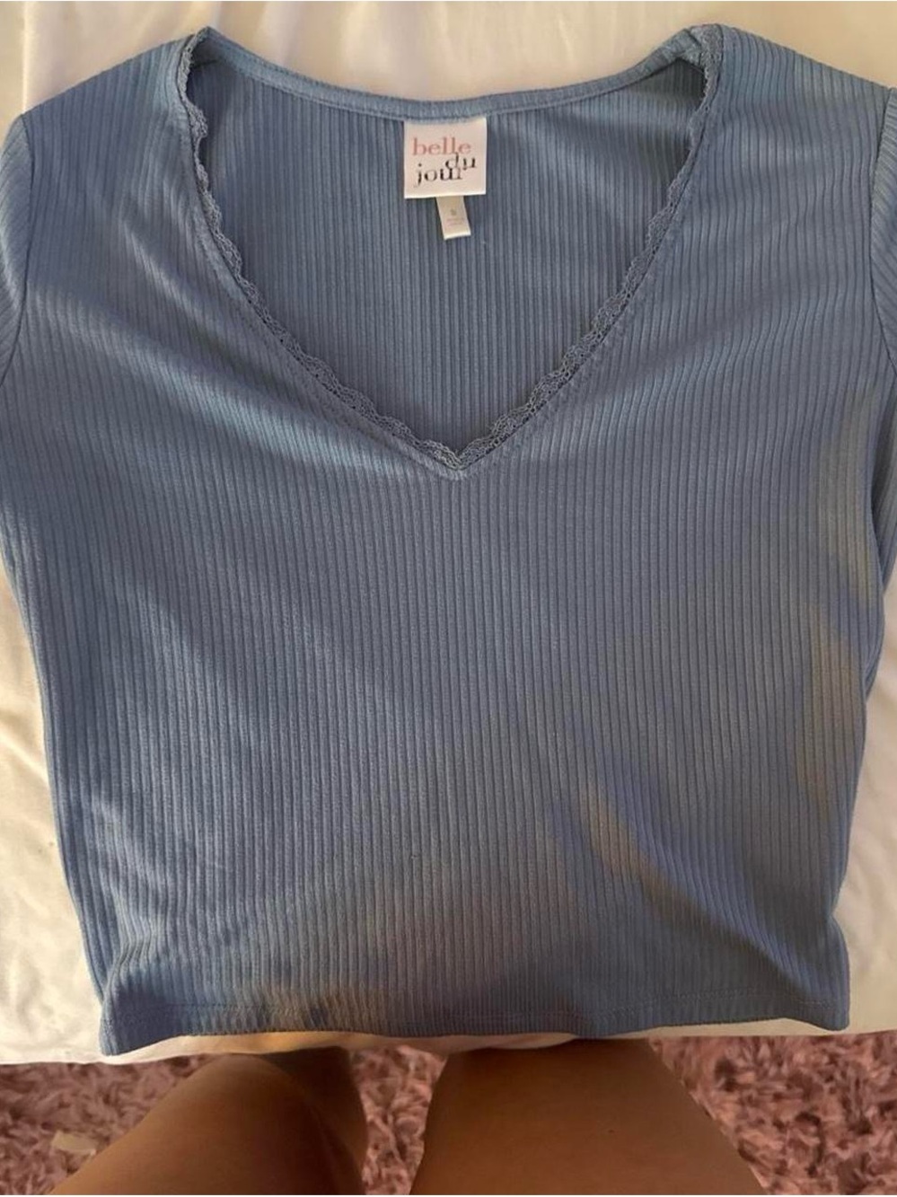 Belle Du Jour Light Blue Ribbed V-Neck Crop Top with Lace Trim